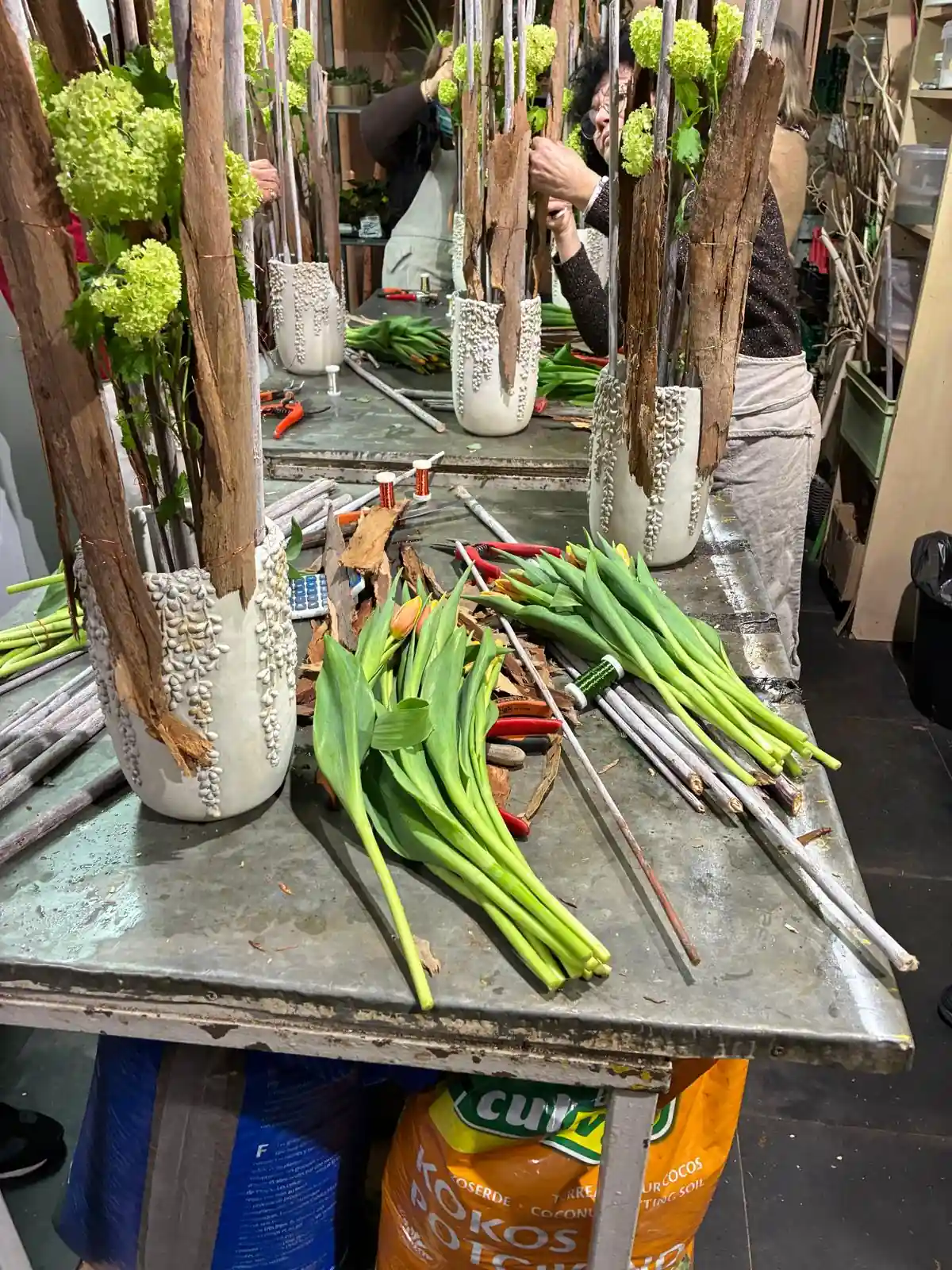 Atelier vases blancs et tulipes